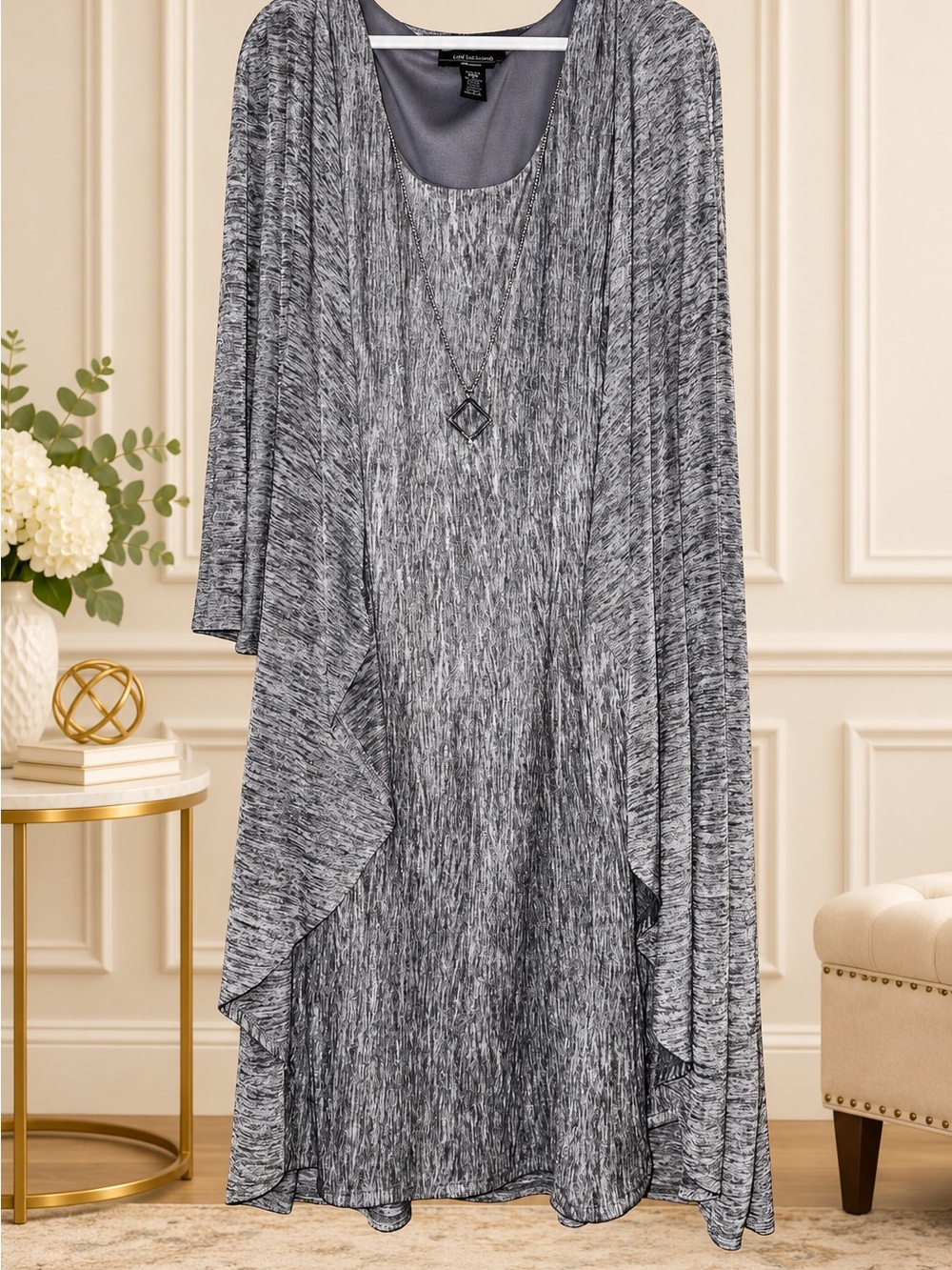 R&M Richards Gray Marled Midi Dress with Draped Overlay